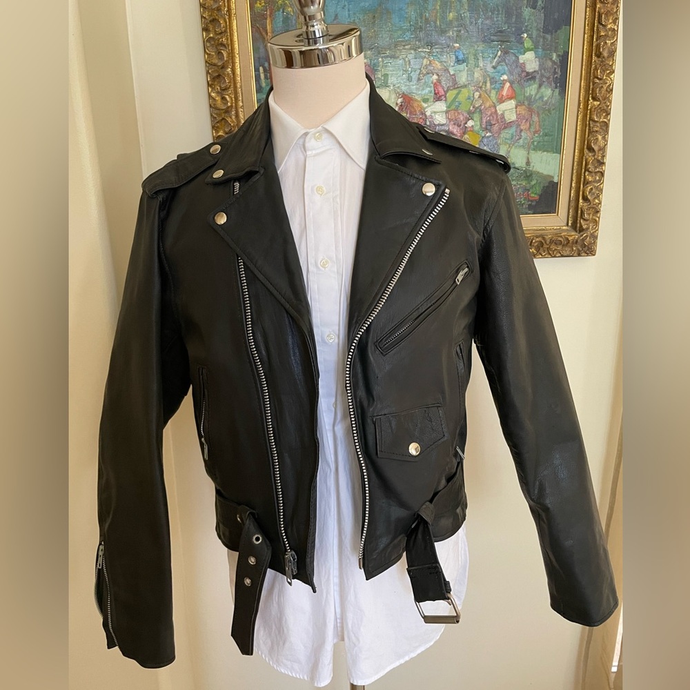 Silver Bike Leather Classic Brando Motorcycle Jacket in Black Size 40